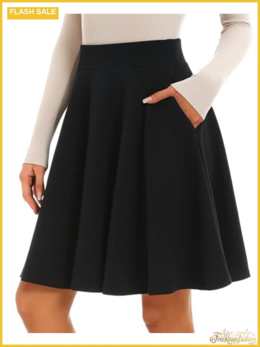 A-Line Flared Knee Length Skirt with Pockets High Waisted Casual Office